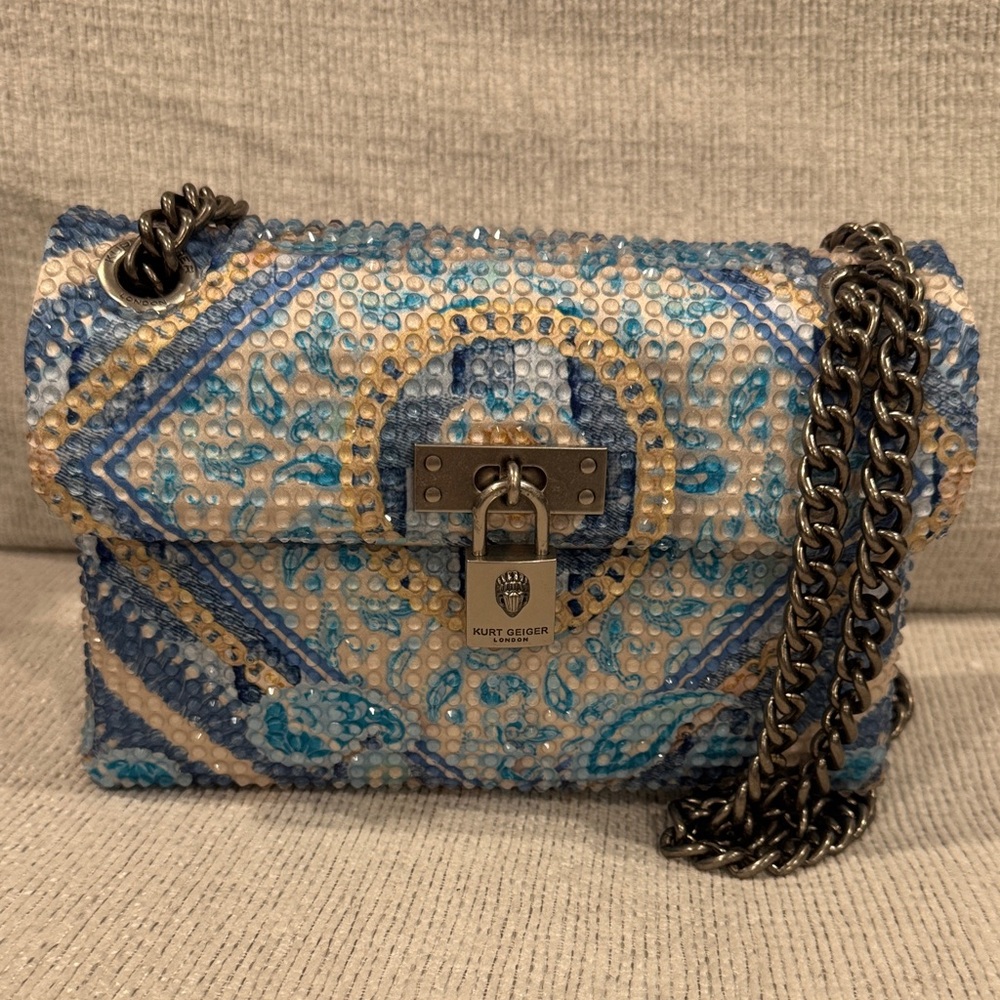 Kurt Geiger Blue and Cream Sequin Crossbody with Padlock Detail